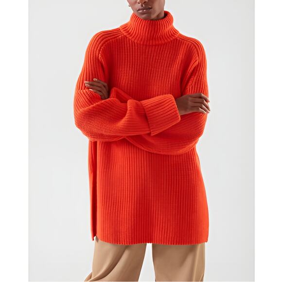 Cos Womens Fall 100% Wool Folded Cuffs‎ Oversized Turtleneck Sweater XS Orange - Picture 1 of 9